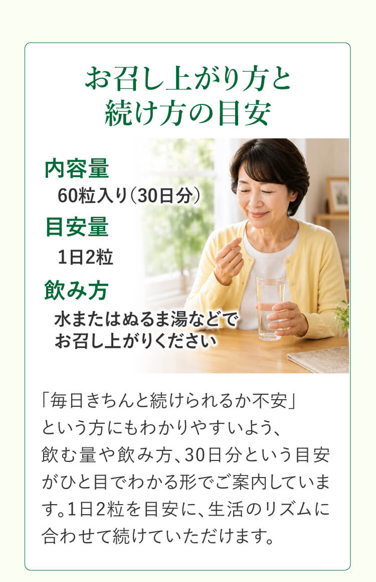 お召し上がり方と続け方の目安｜60粒入り（30日分）・1日2粒・水またはぬるま湯で