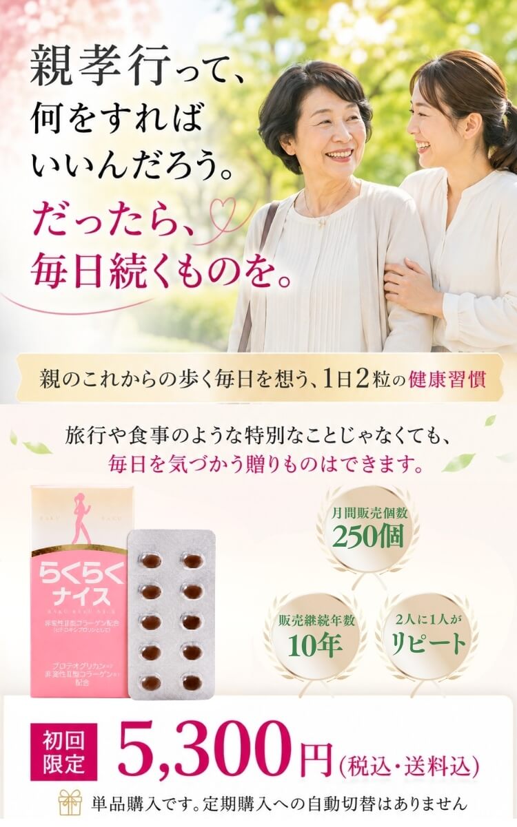 親孝行って、何をすればいいんだろう。だったら、毎日続くものを。｜親のこれからの歩く毎日を想う、1日2粒の健康習慣「らくらくナイス」初回限定5,300円（税込・送料込）
