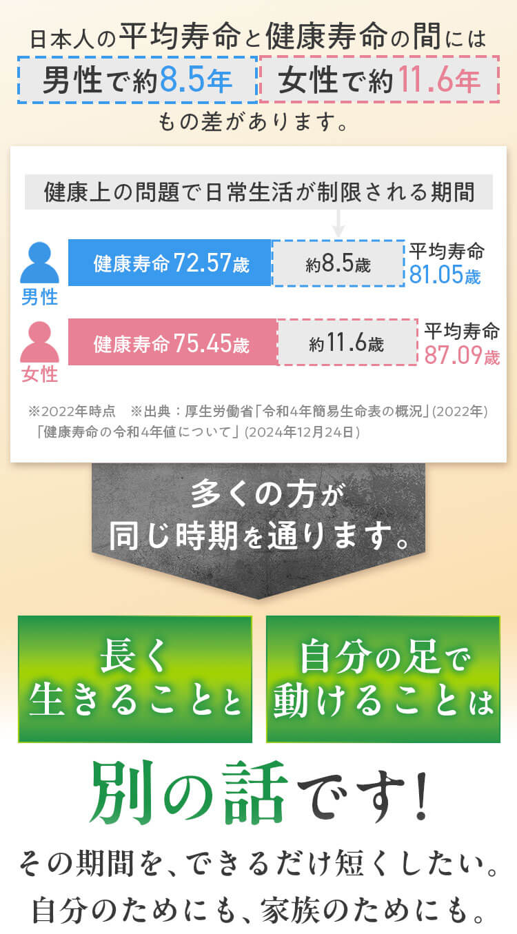 日本人の平均寿命と健康寿命の間には、男性で約8.5年、女性で約11.6年の差があります（健康寿命は男性72.57歳・女性75.45歳、平均寿命は男性81.05歳・女性87.09歳。2022年時点・厚生労働省）。長く生きることと、自分の足で動けることは別の話です